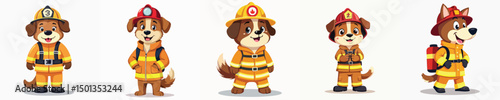 Cute Firefighter Dog Mascot Vector Illustration – Cartoon Animal Character in Fireman Uniform for Kids and Educational Design