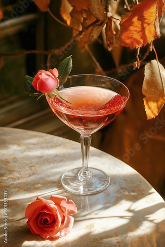 Elegant Cocktail With Rose Decoration at a Cozy Setting During Autumn