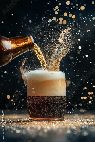 Pouring a Refreshing Beverage Into a Frosty Glass With Bubbles and Golden Spa...