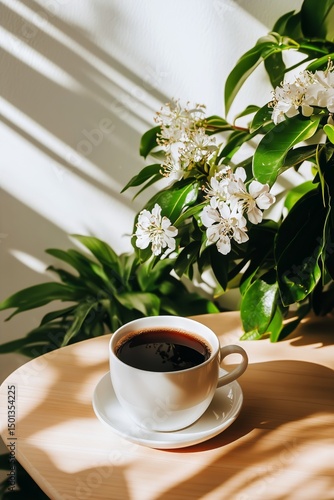 Coffee Cup With Blooming Flowers and Shadows on a Wooden Table During Daytime