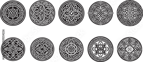 Celtic circle frames. Vintage round border frames with celtic knots, knotted braid ornaments northern Irish motifs. Circular magical patterns vector