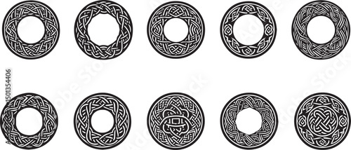 Celtic circle frames. Vintage round border frames with celtic knots, knotted braid ornaments northern Irish motifs. Circular magical patterns vector