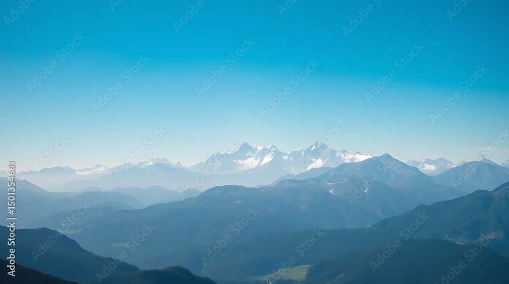 Obraz premium A breathtaking mountain range under a clear blue sky, with snow-capped peaks and a lush green valley below, ultra-HD, natural lighting, ideal for travel and adventure themes