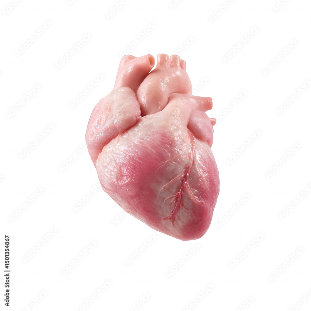 Fototapeta premium A realistic depiction of a raw animal heart, showcasing intricate details and textures, ideal for educational, culinary, or anatomical purposes, on a white isolated background.