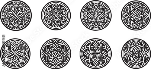 Celtic circle frames. Vintage round border frames with celtic knots, knotted braid ornaments northern Irish motifs. Circular magical patterns vector
