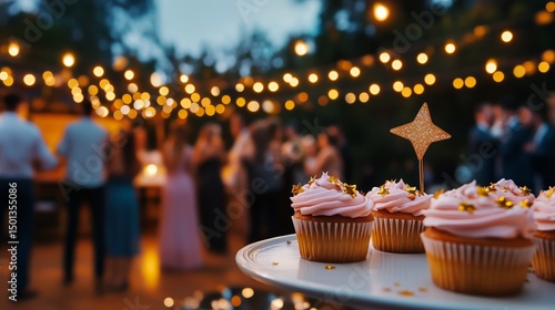 Cupcakes With Sparkly Decorations at a Festive Evening Gathering Outdoors