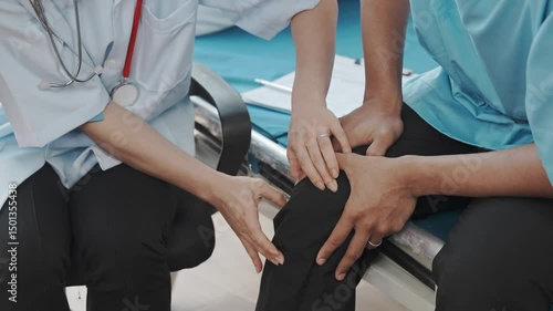 osteoarthritis physical therapist Therapy and help patient exercise and treat young athlete's injured knee. Wound rehabilitation, physical therapy, recovery concept