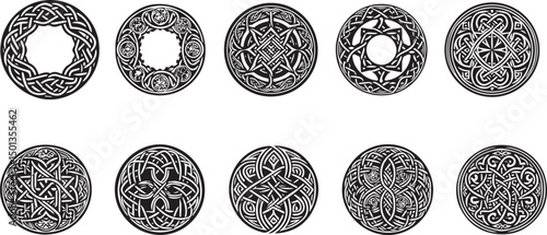 Celtic circle frames. Vintage round border frames with celtic knots, knotted braid ornaments northern Irish motifs. Circular magical patterns vector