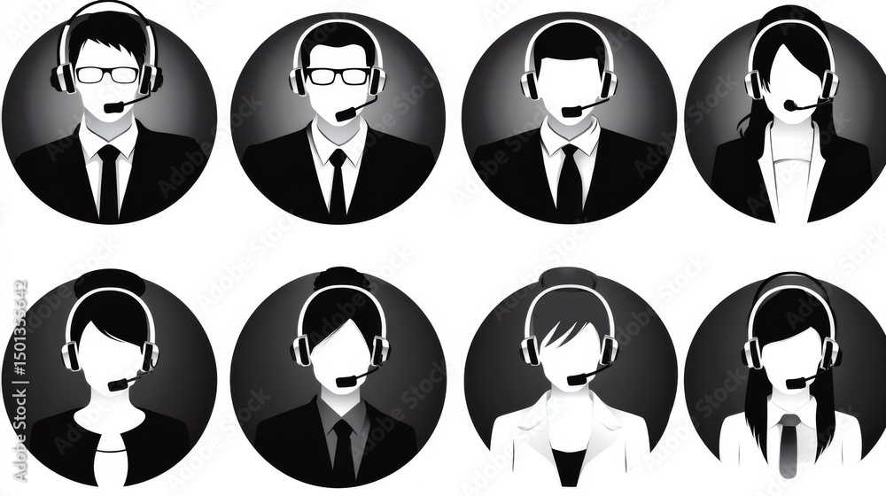 Customer support service operators avatars in black circles. Vector flat icons set of call center, hotline workers, women and men with headset portraits isolated on white background Customer support service operators avatars in black circles. Vector flat icons set of call center, hotline workers, women and men with headset portraits isolated on white background
