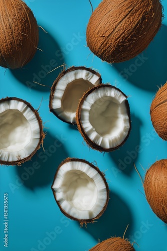 Fresh Coconut Halves Surrounded by Green Palm Leaves on a Blue Background
