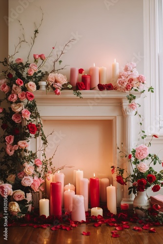 Romantic Setting With Candles and Roses Arranged Around a Fireplace in a Cozy...