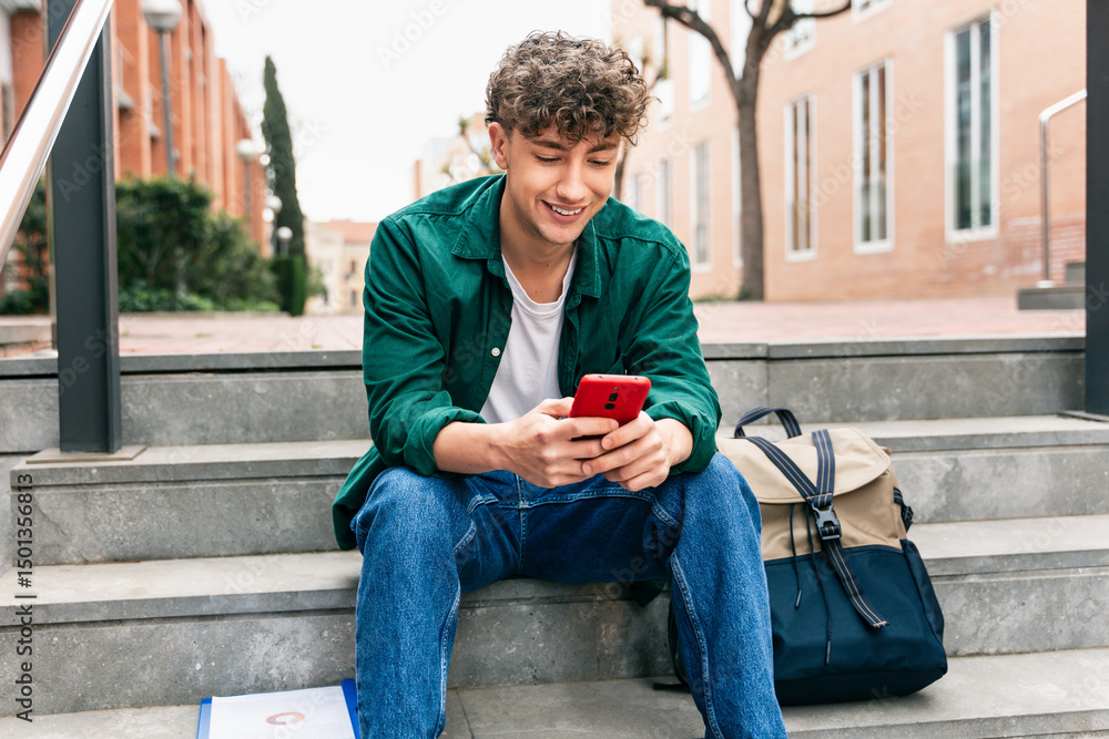 Naklejka premium Young student with curly hair using red mobile phone app in University campus
