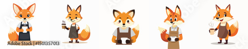 Cute Fox Barista Character Holding Coffee Cup – Flat Vector Illustration