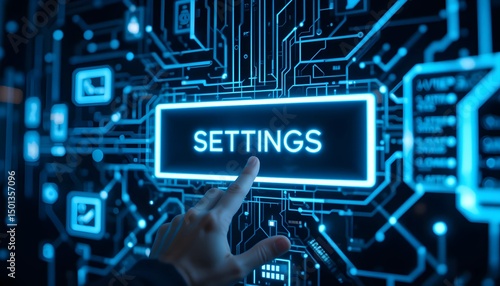 A hand poised to touch a glowing blue SETTINGS button displayed on a high-tech digital interface filled with intricate circuit patterns, symbolizing the interaction between users and technology.