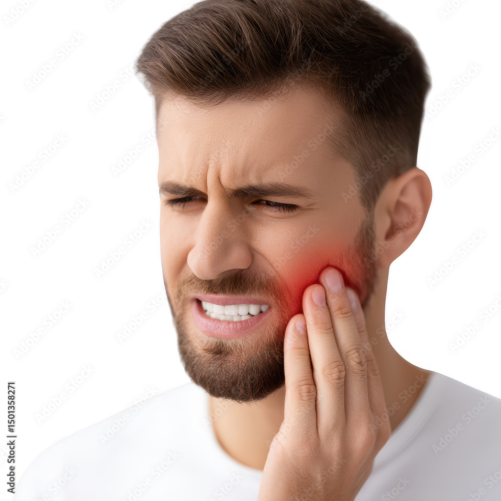 Obraz premium A young man holds his jaw in pain, expressing discomfort due to a dental issue. His expression portrays stress and distress.