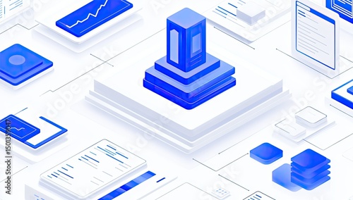 Isometric illustration of interconnected digital elements, featuring a central data storage structure and various graphic representations of data, connected by network lines, on a white background