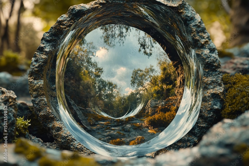 Obraz premium Unique view through tree bark showcasing a quiet lake reflecting autumn foliage and dramatic clouds at sunset