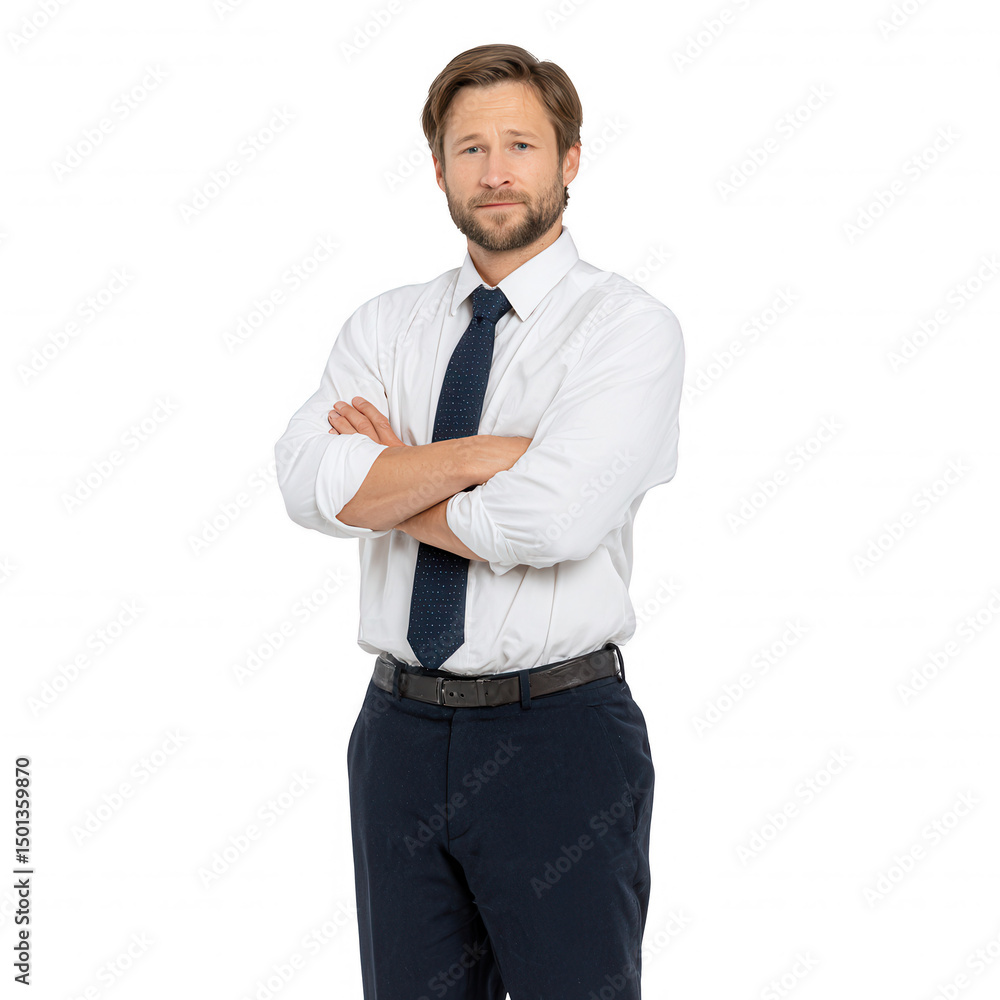 Confident businessman standing with arms crossed, wearing a formal suit and tie, suitable for corporate or professional themes. Confident businessman standing with arms crossed, wearing a formal suit and tie, suitable for corporate or professional themes.