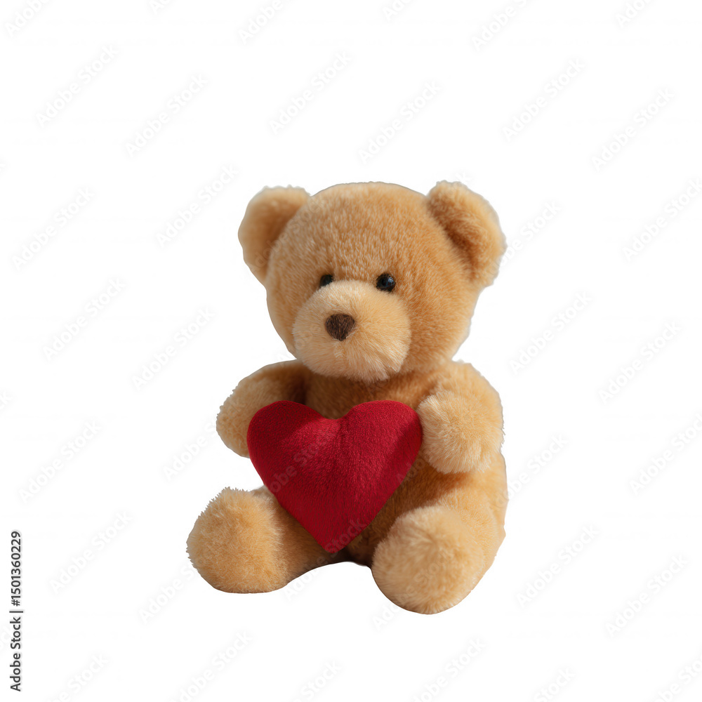 Obraz premium Cute teddy bear holding a red heart, perfect for conveying love and affection. A charming gift for special occasions, birthdays, or to brighten someone's day. Isolated on white.