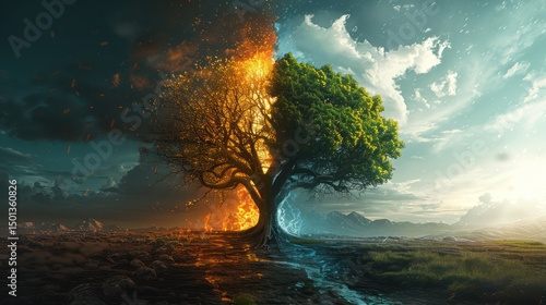 Amidst a landscape perfectly divided in half, a solitary tree stands at the center — one side lush and green, the other withered and lifeless.