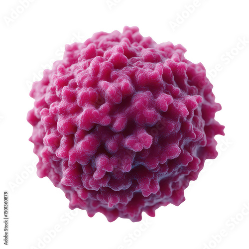 Detailed illustration of a virus particle showcasing its textured surface in vibrant pink against a clear white background.