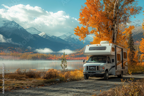 Holiday trip on large family motorhome for holiday in beautiful natural nature, abstract vivid composition consists of fictional unreal fantastic vision on background