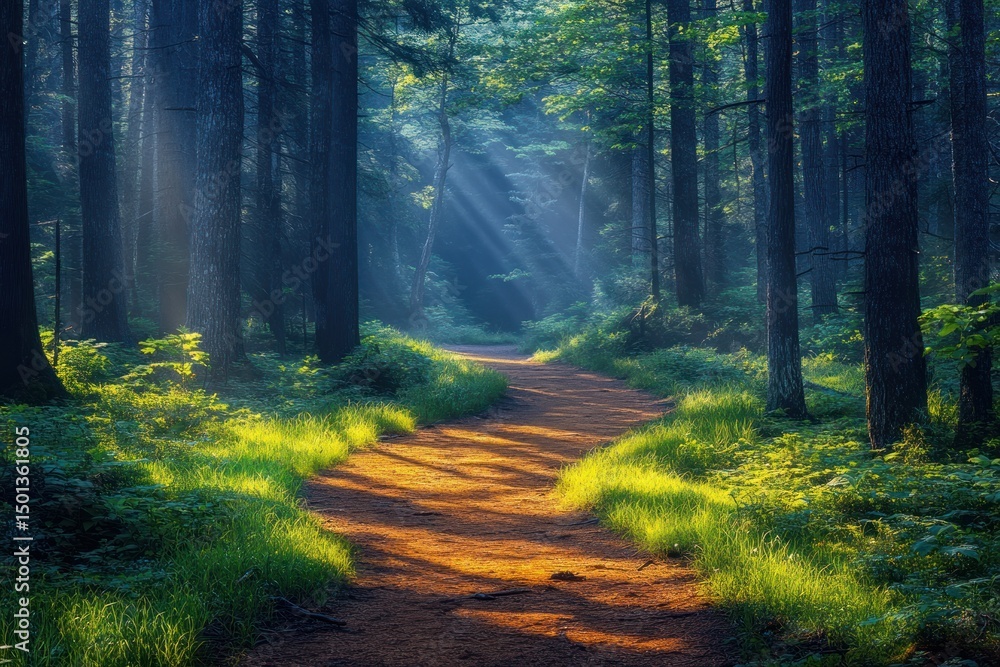 Fototapeta premium Early Morning Light Shining Through Cedarwood Forest Trail
