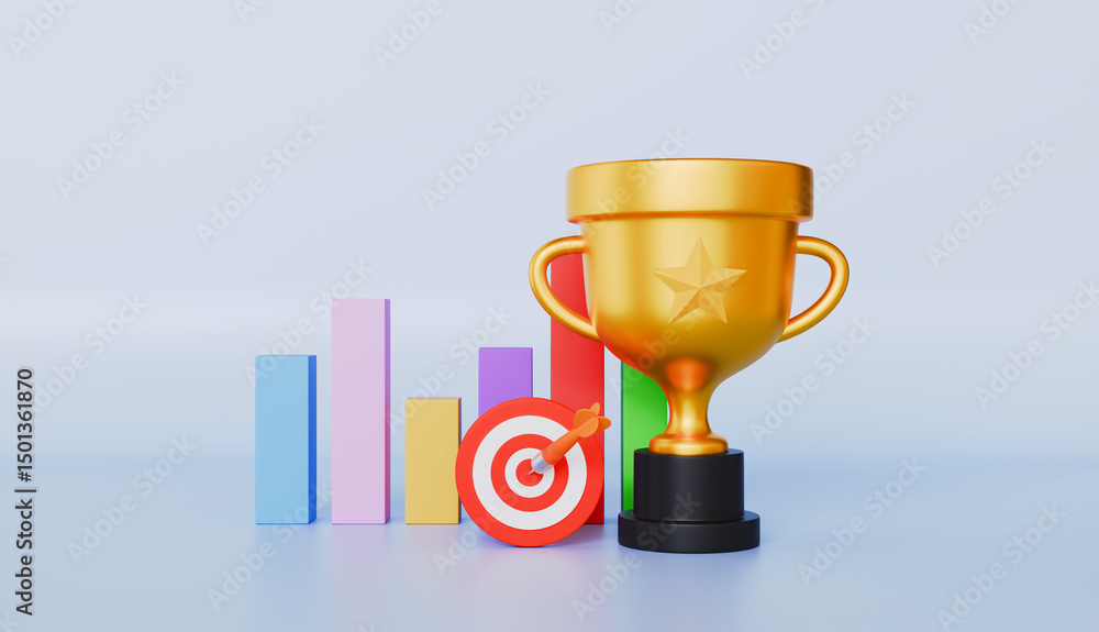 Financial success and analysis of results from goal, Target Bar Graph and Trophy, growth, evaluation, achievement Financial success and analysis of results from goal, Target Bar Graph and Trophy, growth, evaluation, achievement