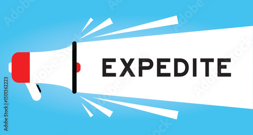 Color megaphone icon with word expedite in white banner on blue background