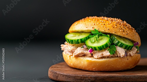 Delicious tuna salad sandwich on a sesame bagel with cucumber and red onion.  Healthy and quick lunch or snack.