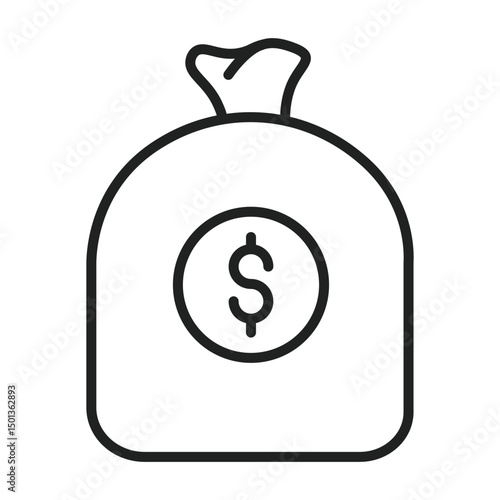 Simple outline shows a sack full of money with a dollar sign, representing wealth and economic prosperity in a vector image.