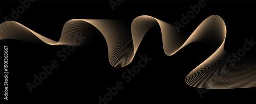 Abstract vector wavy lines flowing smooth curve gold gradient color on black background in concept of luxury, technology, science, music, modern. eps 10