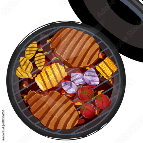Top View BBQ Grill with Steak, Corn Cobs, Onions, Tomatoes and Zucchini Sizzling. Summer Barbeque Flat Lay Isolated Illustration
