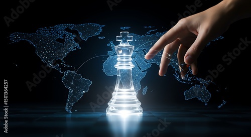 Strategic global domination depicted with chess king and world map concept