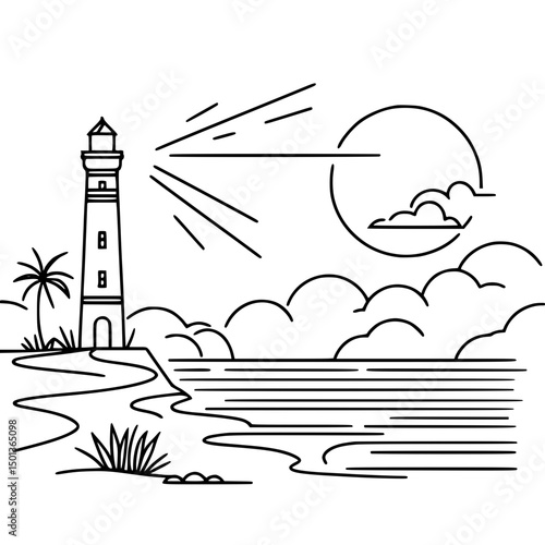 Minimalist lighthouse illustration with ocean and sun in outline style  