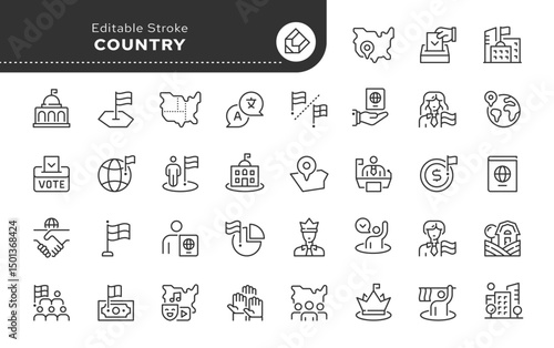 Country line icon set. Land, city, region, border, flag, state, government, democracy, monarchy, nation, president, citizen, nationality and more. Outline vector icon. Pictogram collection	