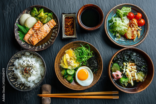 Traditional Japanese healthy breakfast with grilled salmon, rice, vegetables and miso soup