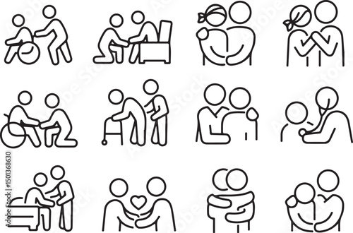 Thin line icon set of elderly care support helping assistance compassion kindness empathy rehabilitation patient care. Flat icons vector illustrations
