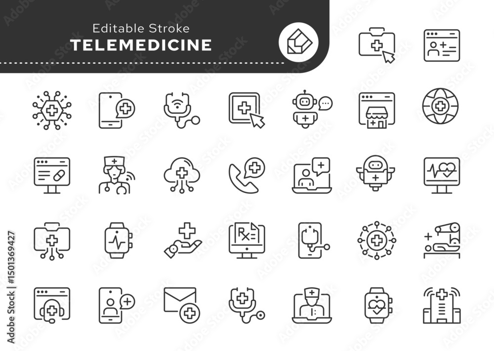 Telemedicine line icon set. Online medicine, virtual consultation and diagnostics, online doctor appointment, medical application, remote healthcare.Outline icon in linear style.Vector collection. Telemedicine line icon set. Online medicine, virtual consultation and diagnostics, online doctor appointment, medical application, remote healthcare.Outline icon in linear style.Vector collection.