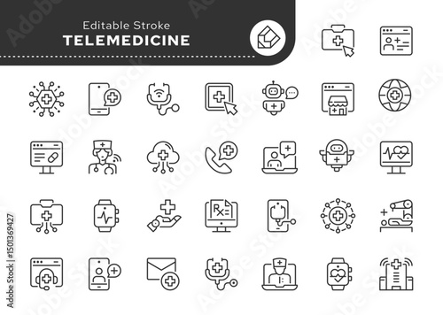 Telemedicine line icon set. Online medicine, virtual consultation and diagnostics, online doctor appointment, medical application, remote healthcare.Outline icon in linear style.Vector collection.