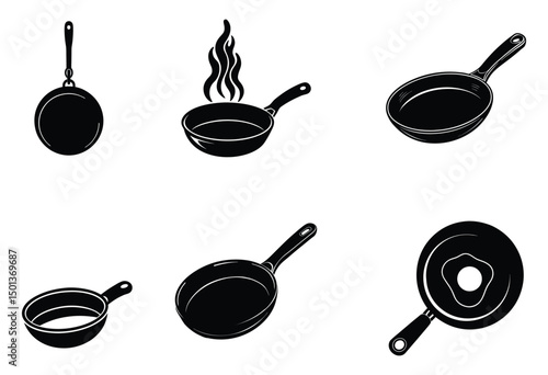 Frying Pan Silhouette Icon Set 