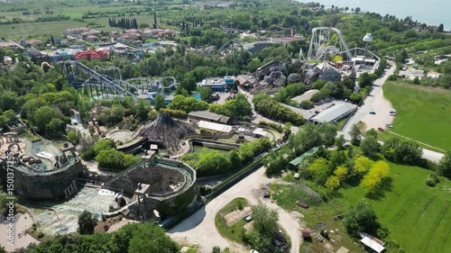 Aerial drone view of an amusement park Gardaland at Lake Garda, Italy. Amazing view of theme park Gardaland in Italy.