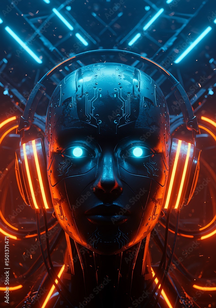 Cyberpunk female robot head with illuminated eyes and neon glowing headphones Cyberpunk female robot head with illuminated eyes and neon glowing headphones