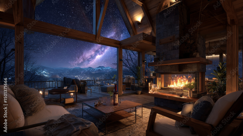 Wooden chalet interior with fireplace at night. Vector cartoon illustration of warm living room, vintage armchairs and couch near fire, wine bottle on table, mountain forest and starry sky in window Wooden chalet interior with fireplace at night. Vector cartoon illustration of warm living room, vintage armchairs and couch near fire, wine bottle on table, mountain forest and starry sky in window
