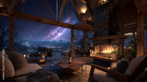 Wooden chalet interior with fireplace at night. Vector cartoon illustration of warm living room, vintage armchairs and couch near fire, wine bottle on table, mountain forest and starry sky in window
