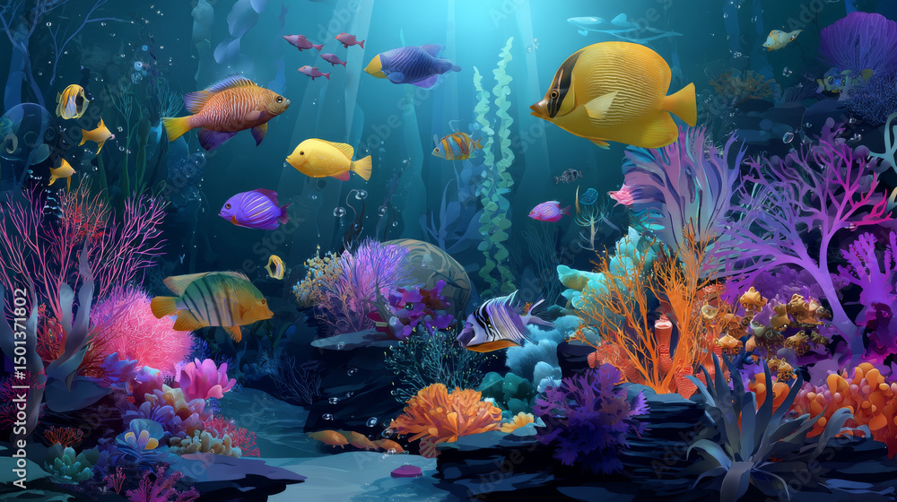 Underwater seaweed plant and coral background. Ocean reef scene with grass, rock, algae weed and tropical decorative fish cartoon game environment wallpaper. Nautical oceanic wildlife graphic design Underwater seaweed plant and coral background. Ocean reef scene with grass, rock, algae weed and tropical decorative fish cartoon game environment wallpaper. Nautical oceanic wildlife graphic design
