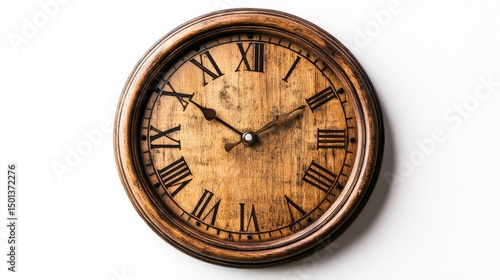 Wallpaper Mural A vintage wooden clock features Roman numerals, showcasing classic craftsmanship against a white background. Torontodigital.ca