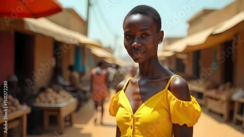 Angolan girl in a vibrant yellow sundress, stands in a bustling Luanda marketplace on a bright, sunny day. The market is filled with colorful textiles and fresh produce.