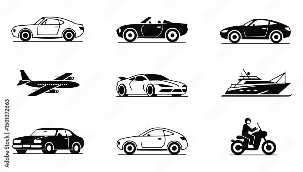 Obraz premium Transportation icons set vehicles airplane yacht motorcycle car
