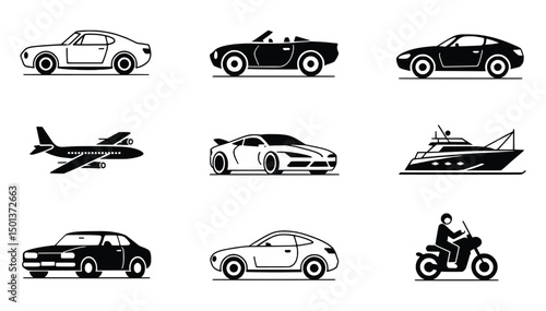 Transportation icons set vehicles airplane yacht motorcycle car